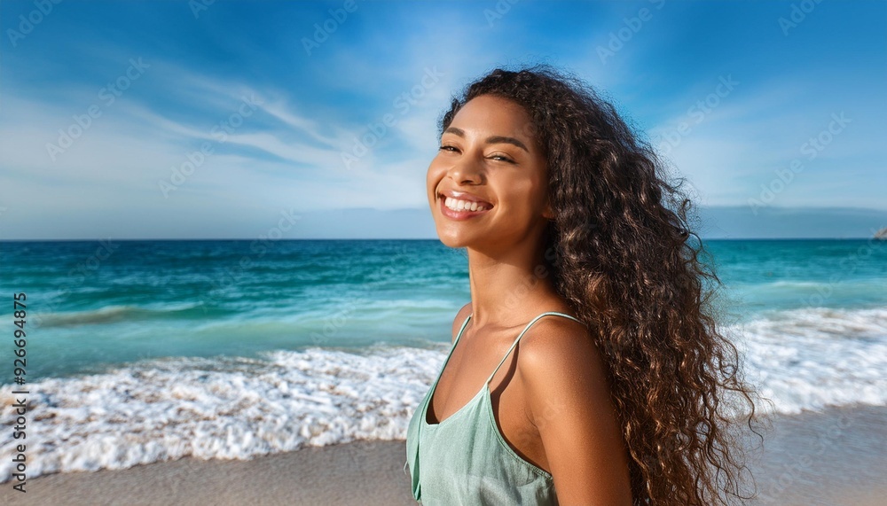 beautiful smiling woman with long hair enjoying sea at summer beautiful smiling woman with long hair enjoying sea at summer