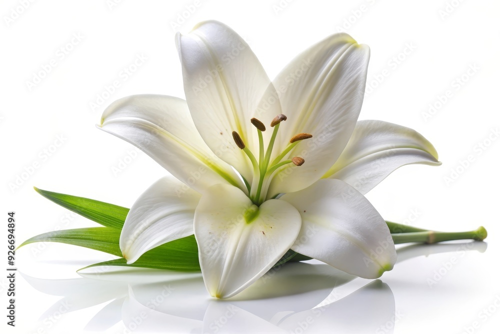 A single white lily flower with green leaves, showcasing purity, elegance, and new beginnings, symbolizing hope, rebirth, and peace. A single white lily flower with green leaves, showcasing purity, elegance, and new beginnings, symbolizing hope, rebirth, and peace.