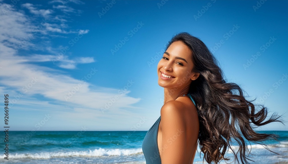 beautiful smiling woman with long hair enjoying sea at summer beautiful smiling woman with long hair enjoying sea at summer