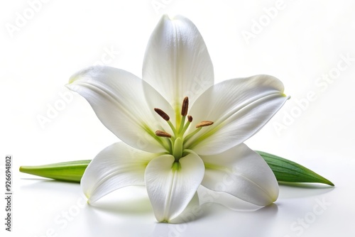 A single, pristine white lily flower with delicate petals and a green leaf, symbolizing purity, innocence, beauty, elegance, and new beginnings.