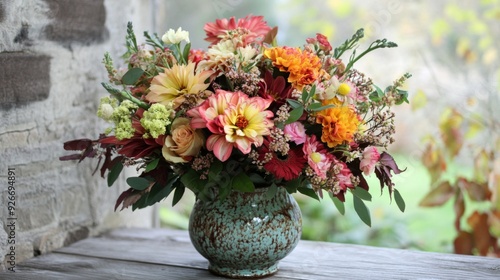 Wallpaper Mural A detailed view of a colorful floral arrangement in a rustic setting, featuring a mix of seasonal flowers and a charming, vintage vase. Torontodigital.ca