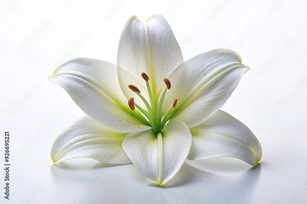 A single, pristine white lily flower is the focus of the image. The petals are delicate and soft, with a hint of yellow at the base. The green stem and red stamens add a touch of color. A single, pristine white lily flower is the focus of the image. The petals are delicate and soft, with a hint of yellow at the base. The green stem and red stamens add a touch of color.