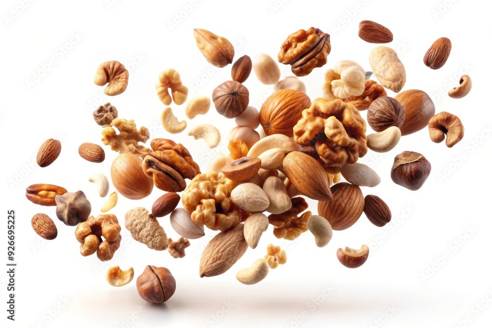 A variety of nuts including almonds, walnuts, cashews, pecans, and hazelnuts are captured in mid-air, representing a healthy snack option, natural energy, and delicious taste. A variety of nuts including almonds, walnuts, cashews, pecans, and hazelnuts are captured in mid-air, representing a healthy snack option, natural energy, and delicious taste.