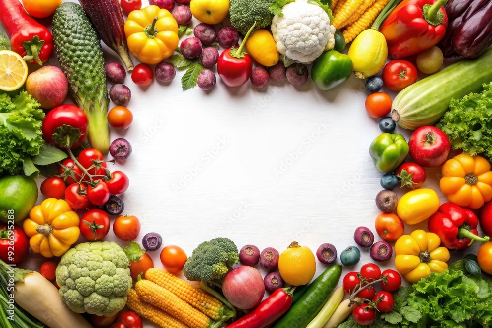 A vibrant frame of fresh vegetables and fruits, showcasing the colors and variety of nature's bounty, perfect for healthy eating, cooking, or a vibrant food background. A vibrant frame of fresh vegetables and fruits, showcasing the colors and variety of nature's bounty, perfect for healthy eating, cooking, or a vibrant food background.