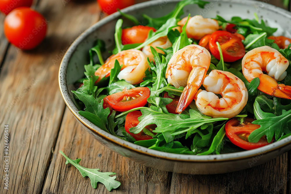 Shrimp and arugula salad in a bowl on a wooden table, close-up. Delicious, healthy food concept
Shrimp and arugula salad in a bowl on a wooden table, close-up. Delicious, healthy food concept