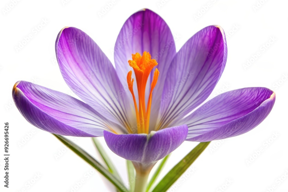 A vibrant purple crocus flower with a bright orange center, isolated on a pure white background, symbolizes springtime, beauty, new beginnings, delicate nature, and growth. A vibrant purple crocus flower with a bright orange center, isolated on a pure white background, symbolizes springtime, beauty, new beginnings, delicate nature, and growth.
