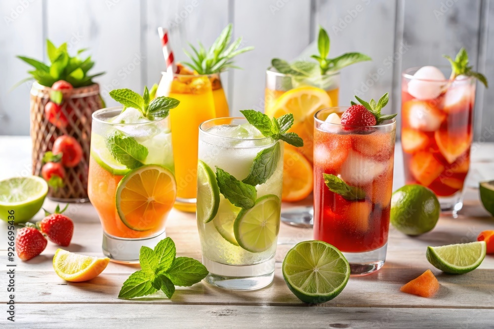 Fototapeta premium A vibrant summer beverage selection featuring four refreshing drinks with citrus, mint, and ice in clear glasses on a white wooden table, symbolizing relaxation, hydration, and summer vibes.
