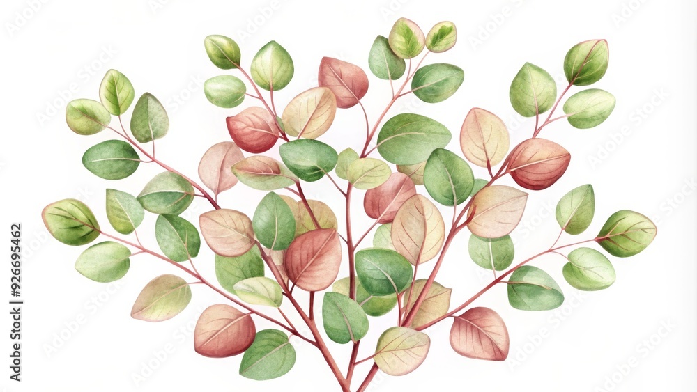 Obraz premium A watercolor painting of a eucalyptus branch with green and red leaves. The leaves are arranged in a beautiful and natural way, symbolizing growth, freshness, and the beauty of nature.