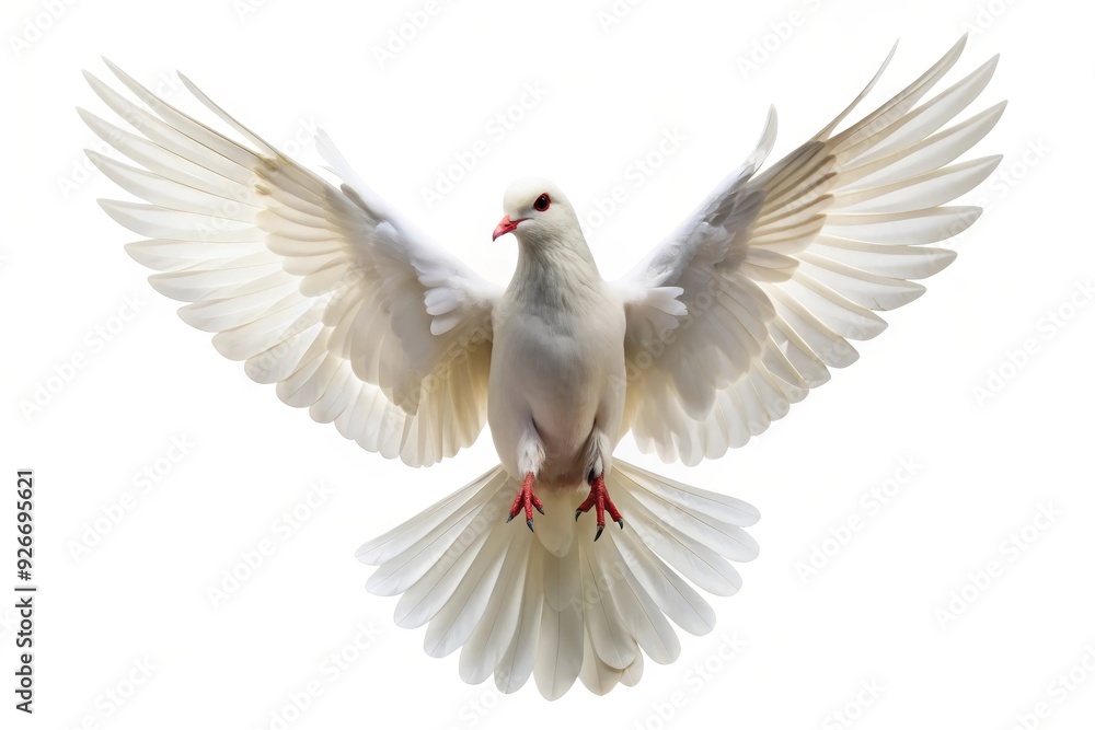 Fototapeta premium A white dove with outstretched wings, symbolizing peace, hope, purity, faith, and new beginnings.