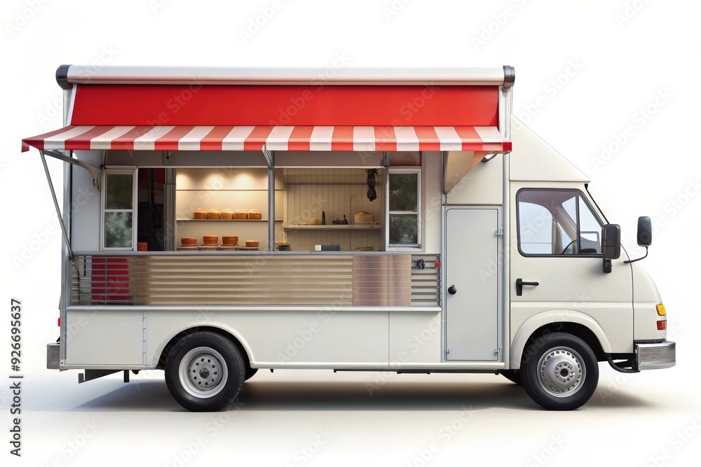 A white food truck with a red awning and a serving window, perfect for showcasing your culinary creations. This image evokes a sense of fresh, mobile food service, convenience, and community. A white food truck with a red awning and a serving window, perfect for showcasing your culinary creations. This image evokes a sense of fresh, mobile food service, convenience, and community.