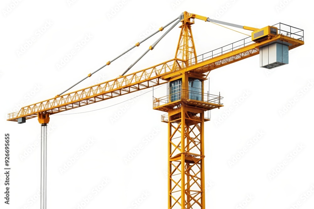 A yellow construction crane isolated on a white background, symbolizing construction, industry, development, progress, and machinery. A yellow construction crane isolated on a white background, symbolizing construction, industry, development, progress, and machinery.