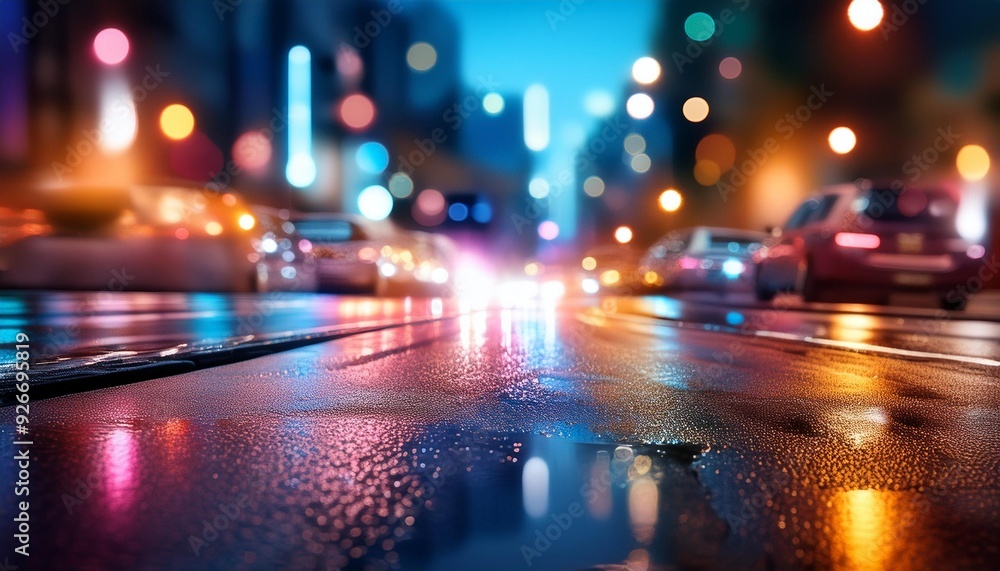 Blurred colorful city lights reflecting on wet asphalt at night Blurred colorful city lights reflecting on wet asphalt at night