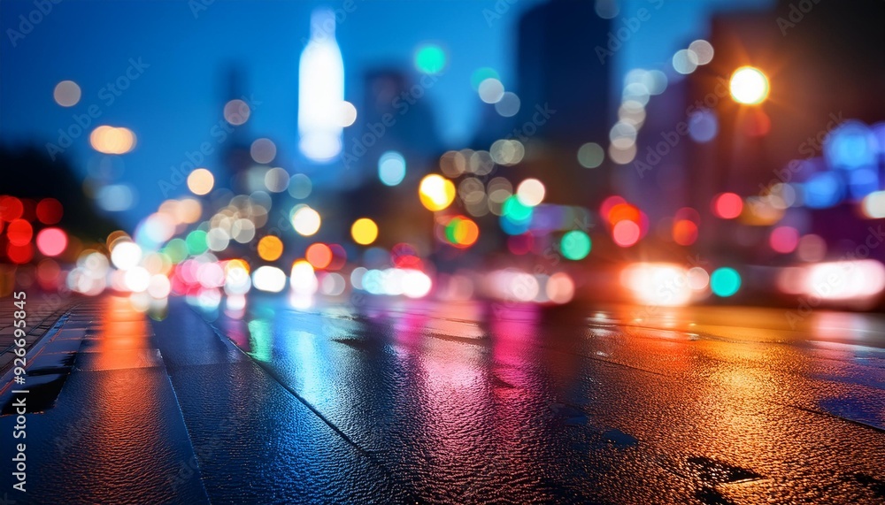 Blurred colorful city lights reflecting on wet asphalt at night Blurred colorful city lights reflecting on wet asphalt at night