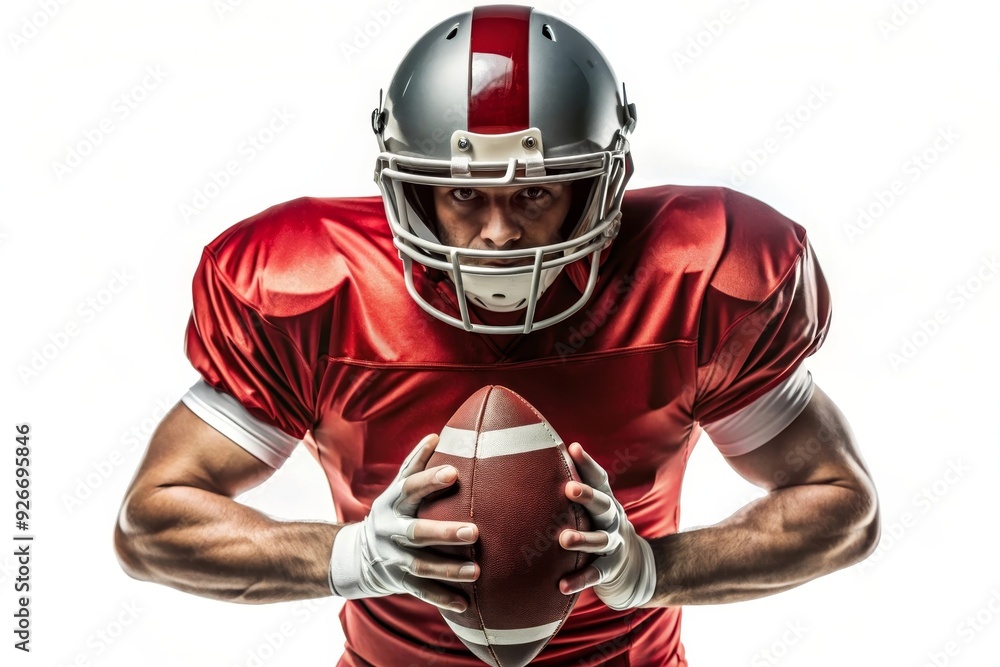 An American football player in full uniform, ready to play. He is wearing a helmet and holding the ball close to his chest, ready to make a play. The image conveys power, strategy, and determination. An American football player in full uniform, ready to play. He is wearing a helmet and holding the ball close to his chest, ready to make a play. The image conveys power, strategy, and determination.