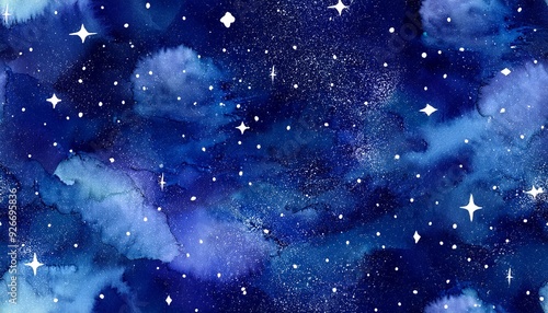 Blue watercolor seamless pattern. Hand painted abstract background. Night starry sky. Universe. Cosmos.