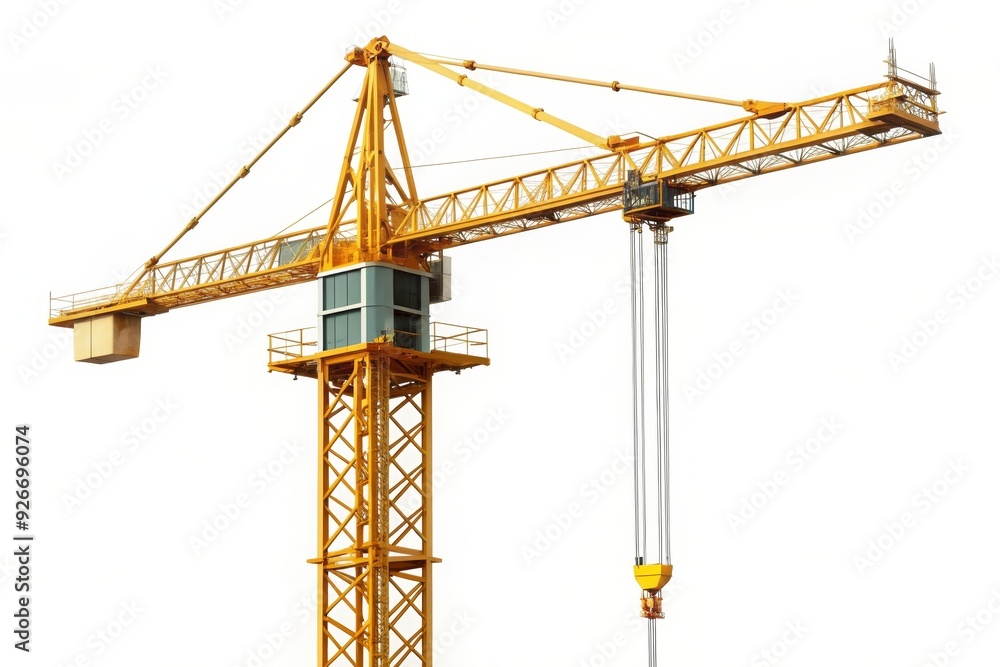 A yellow construction crane isolated on a white background. The crane is extended, with the hook lowered. It symbolizes construction, industry, engineering, growth, and development. A yellow construction crane isolated on a white background. The crane is extended, with the hook lowered. It symbolizes construction, industry, engineering, growth, and development.