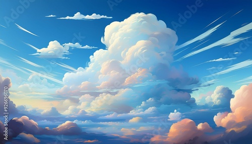 Bright and fluffy white cloudscape with a few wispy clouds drifting in the foreground