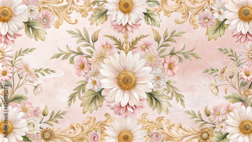 This image depicts a delicate and romantic floral arrangement with white and pink daisies nestled within intricate golden swirls. It symbolizes beauty, elegance, and the beauty of nature.