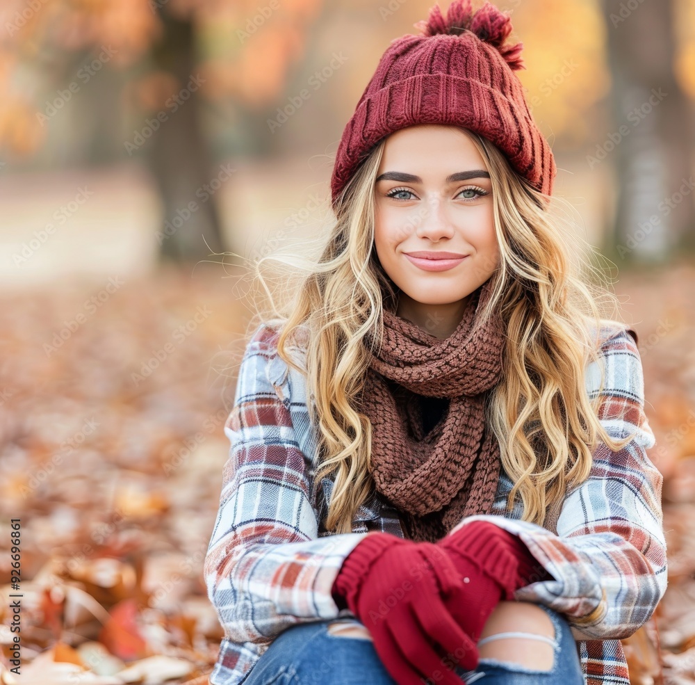 Smiling Woman in Cozy Attire Surrounded by Autumn Leaves at Local Park Smiling Woman in Cozy Attire Surrounded by Autumn Leaves at Local Park