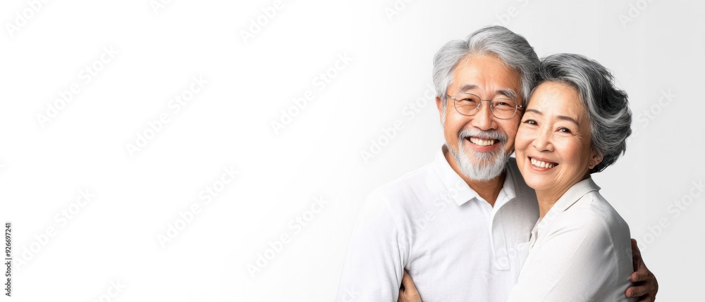 Happy Asian Senior Couple Smiling and Embracing in Light Background Happy Asian Senior Couple Smiling and Embracing in Light Background