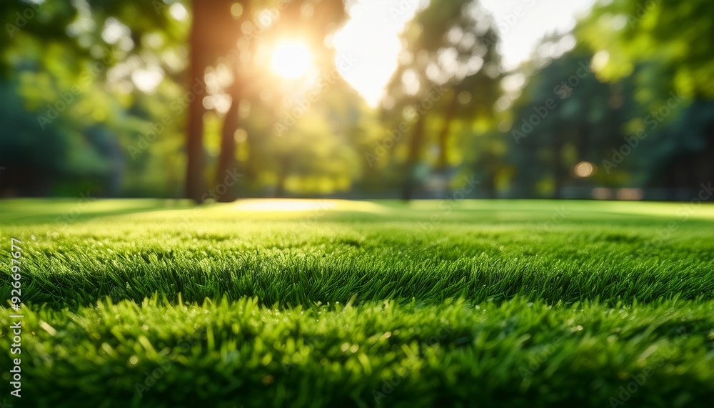 Close-up of artificial grass with a blurred background of trees and sunlight Close-up of artificial grass with a blurred background of trees and sunlight