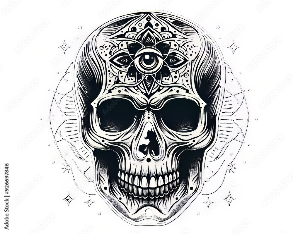 Fototapeta premium Front view of a natural human skull, with black and white detailed illustration 