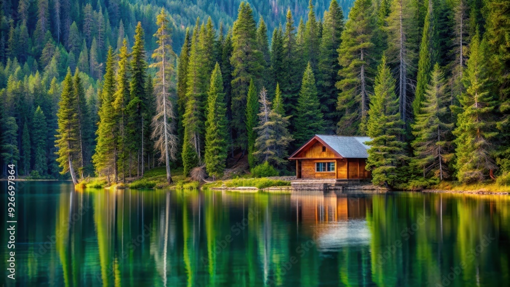 Cabin nestled among pine trees by the lake shore, Cabin, pine trees, lake, serene, tranquil, nature, forest, woodland Cabin nestled among pine trees by the lake shore, Cabin, pine trees, lake, serene, tranquil, nature, forest, woodland