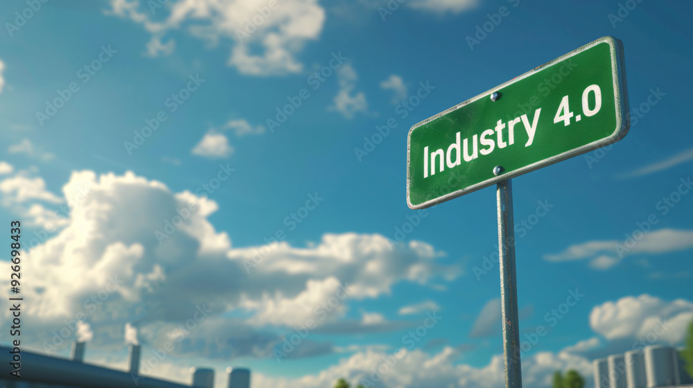 Obraz premium Industry 4.0 concept with a green road sign and industrial factory in the background on a sunny day