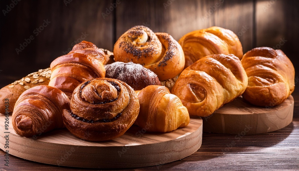 Freshly baked pastries on a wooden table Freshly baked pastries on a wooden table