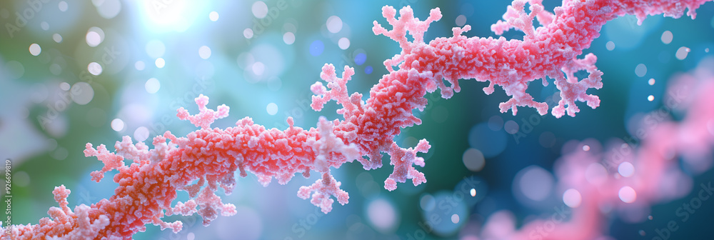 Complex pink biological molecule, stretches across the frame against a vivid blue backdrop, highlighted by subtle light effects that create depth and detail. Complex pink biological molecule, stretches across the frame against a vivid blue backdrop, highlighted by subtle light effects that create depth and detail.