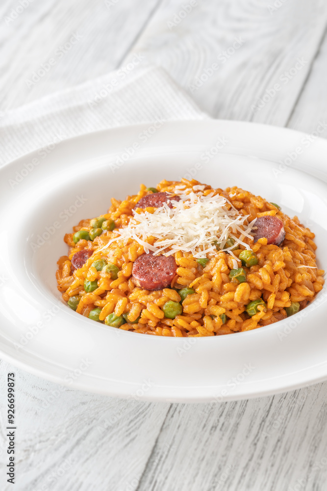 Portion of chorizo risotto Portion of chorizo risotto