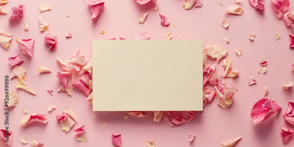 Blank Card on Pink Background with Scattered Rose Petals - Perfect for Romantic and Wedding Invitations Blank Card on Pink Background with Scattered Rose Petals - Perfect for Romantic and Wedding Invitations