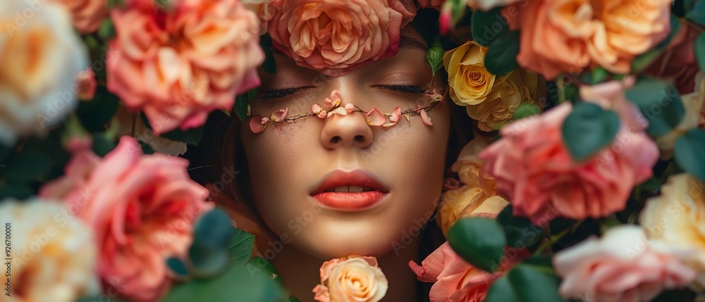 AI generator image of womans head covered with roses flowers AI generator image of womans head covered with roses flowers