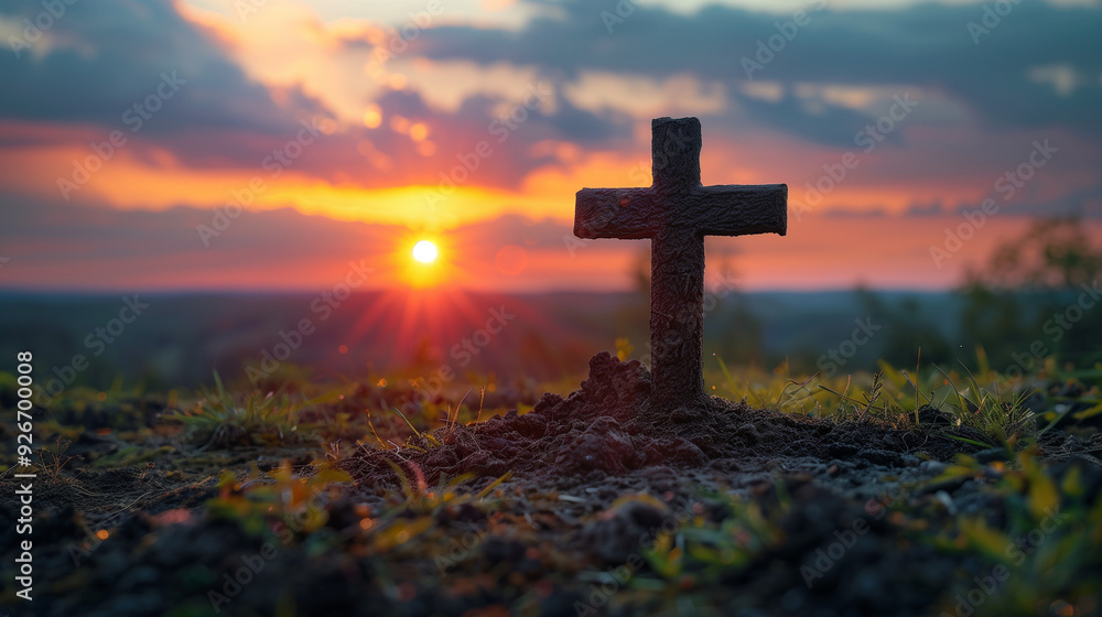Crucifixion of Jesus Christ at sunset on the cross symbolizing faith hope and redemption with a dramatic sky Crucifixion of Jesus Christ at sunset on the cross symbolizing faith hope and redemption with a dramatic sky