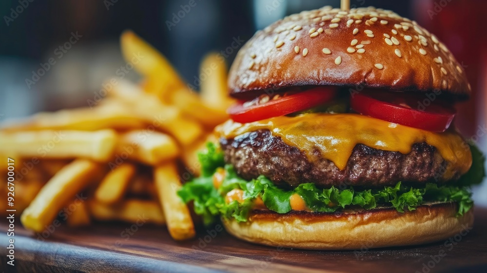 Juicy Cheeseburger with Melting Cheese and Fries Juicy Cheeseburger with Melting Cheese and Fries