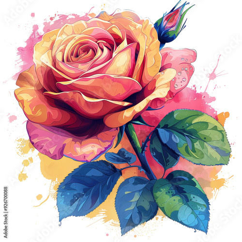 Pink & Yellow Watercolor Roses, Clipart Illustration photo