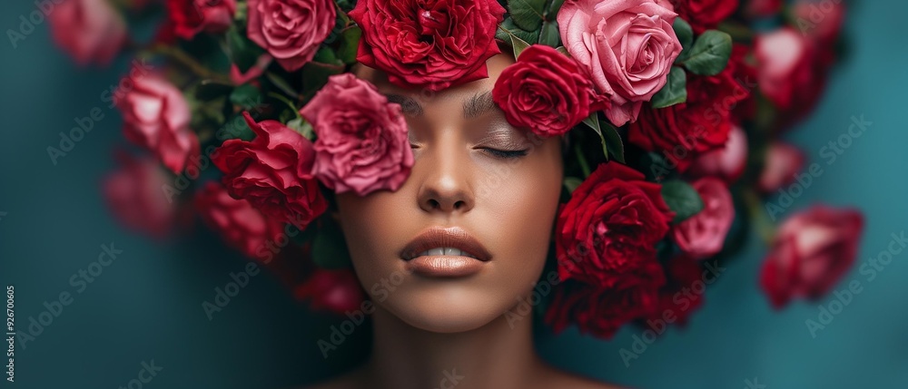 AI generator image of womans head covered with roses flowers AI generator image of womans head covered with roses flowers