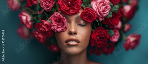 AI generator image of womans head covered with roses flowers 