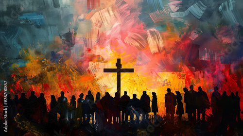 People Gathering at the Cross Worshipping Together in a Spiritual Faith Community