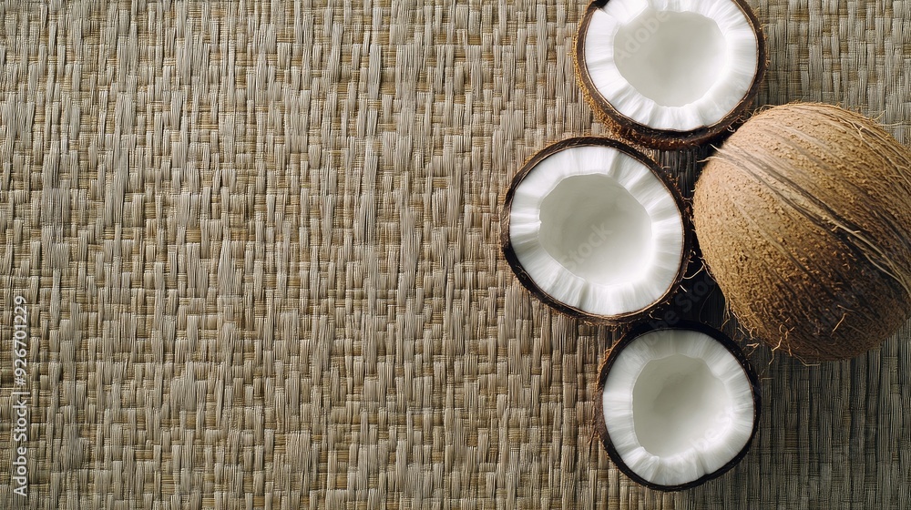 Tropical Delight: Coconut Halves on Beach Blanket Tropical Delight: Coconut Halves on Beach Blanket