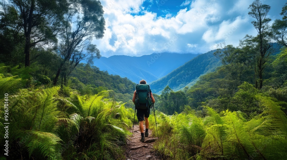 Fototapeta premium Hiker Journeying Through Lush Forest with Majestic Mountains in Background