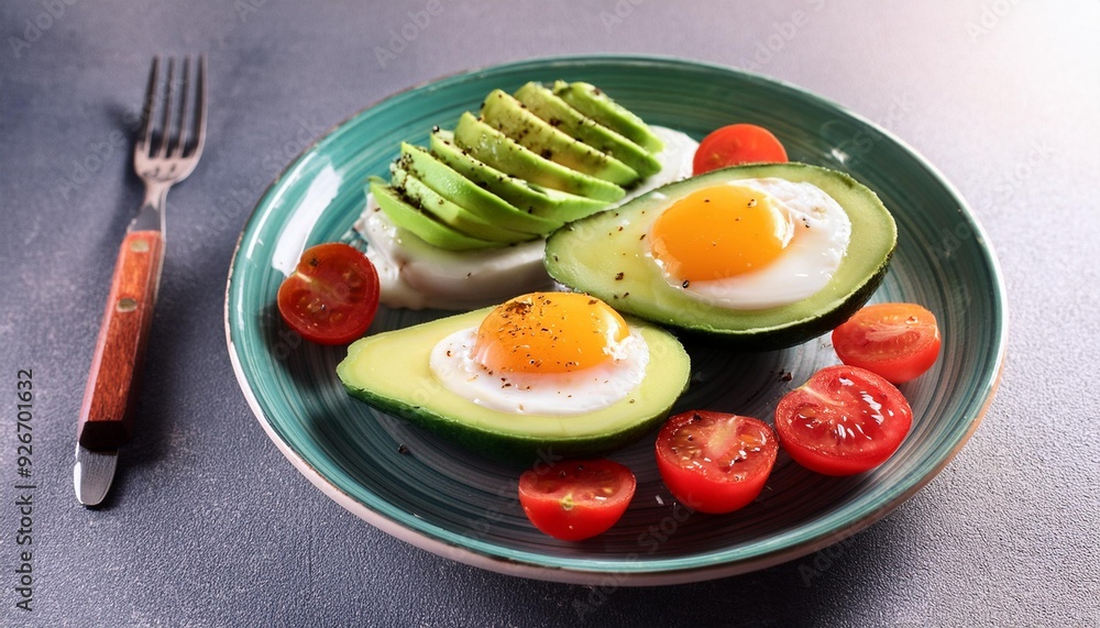 Healthy food. Avocado, eggs and tomatoes on a plate Healthy food. Avocado, eggs and tomatoes on a plate