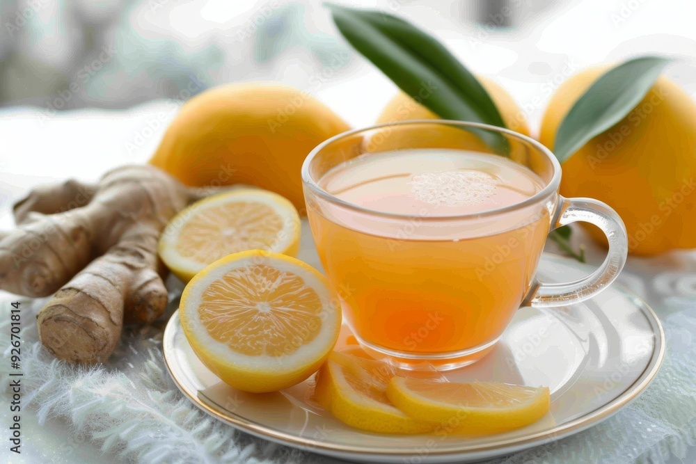 Warm Lemon Drink Against Snowy Winter Background With Fresh Lemons Warm Lemon Drink Against Snowy Winter Background With Fresh Lemons