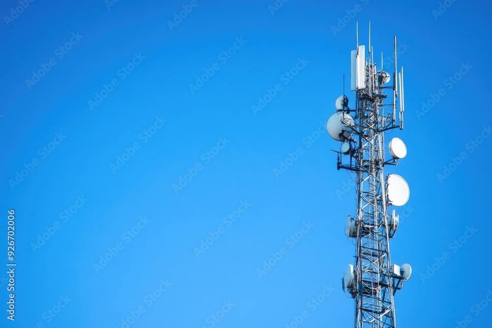 Satellite Dish Equipped Internet Tower Against Clear Sky Satellite Dish Equipped Internet Tower Against Clear Sky