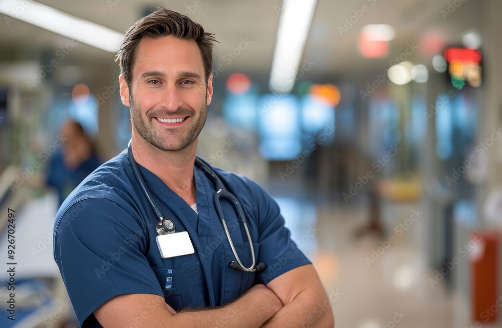Smiling Healthcare Professional in Scrubs at a Modern Hospital Smiling Healthcare Professional in Scrubs at a Modern Hospital