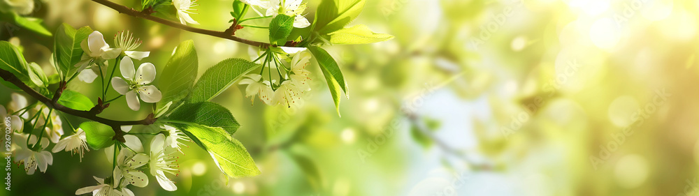 Blossoming spring branch with delicate white flowers and fresh green leaves. Generative AI Blossoming spring branch with delicate white flowers and fresh green leaves. Generative AI