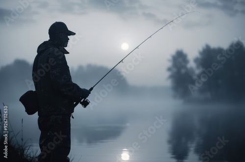 Early Morning Fisherman Casting Lines at Misty River