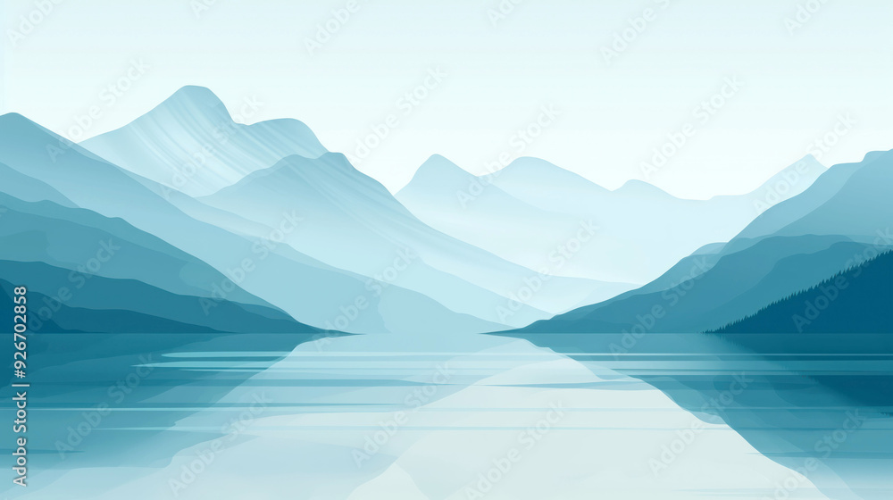 Tranquil Mountain Lake with Misty Peaks and Reflections at Sunrise Tranquil Mountain Lake with Misty Peaks and Reflections at Sunrise