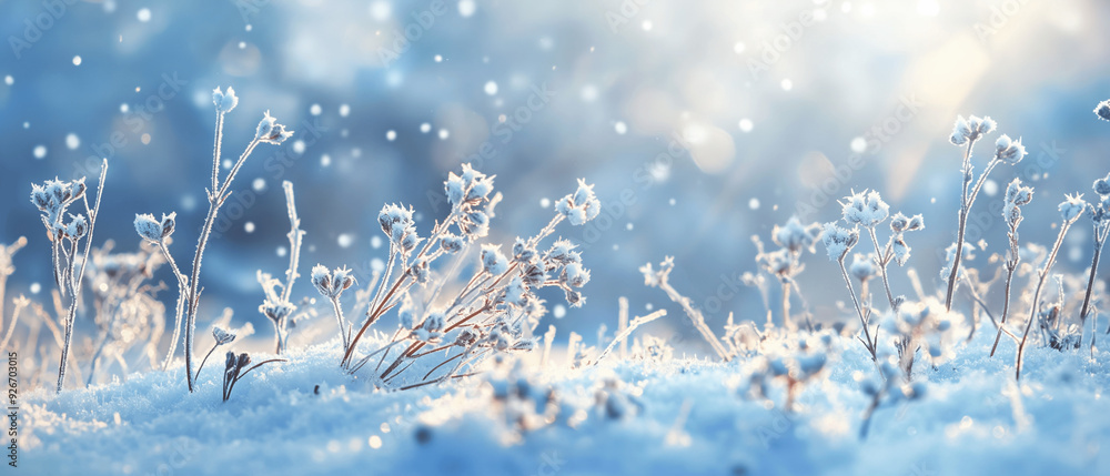 Frost-covered wildflowers in a snowy winter landscape. Generative AI Frost-covered wildflowers in a snowy winter landscape. Generative AI