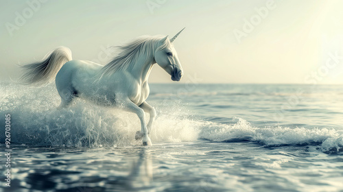 Majestic White Unicorn Galloping Through Ocean Waves at Sunset